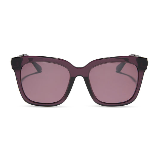 diff eyewear featuring the bella square sunglasses with a aubergine frame and aubergine with silver flash polarized lenses front view