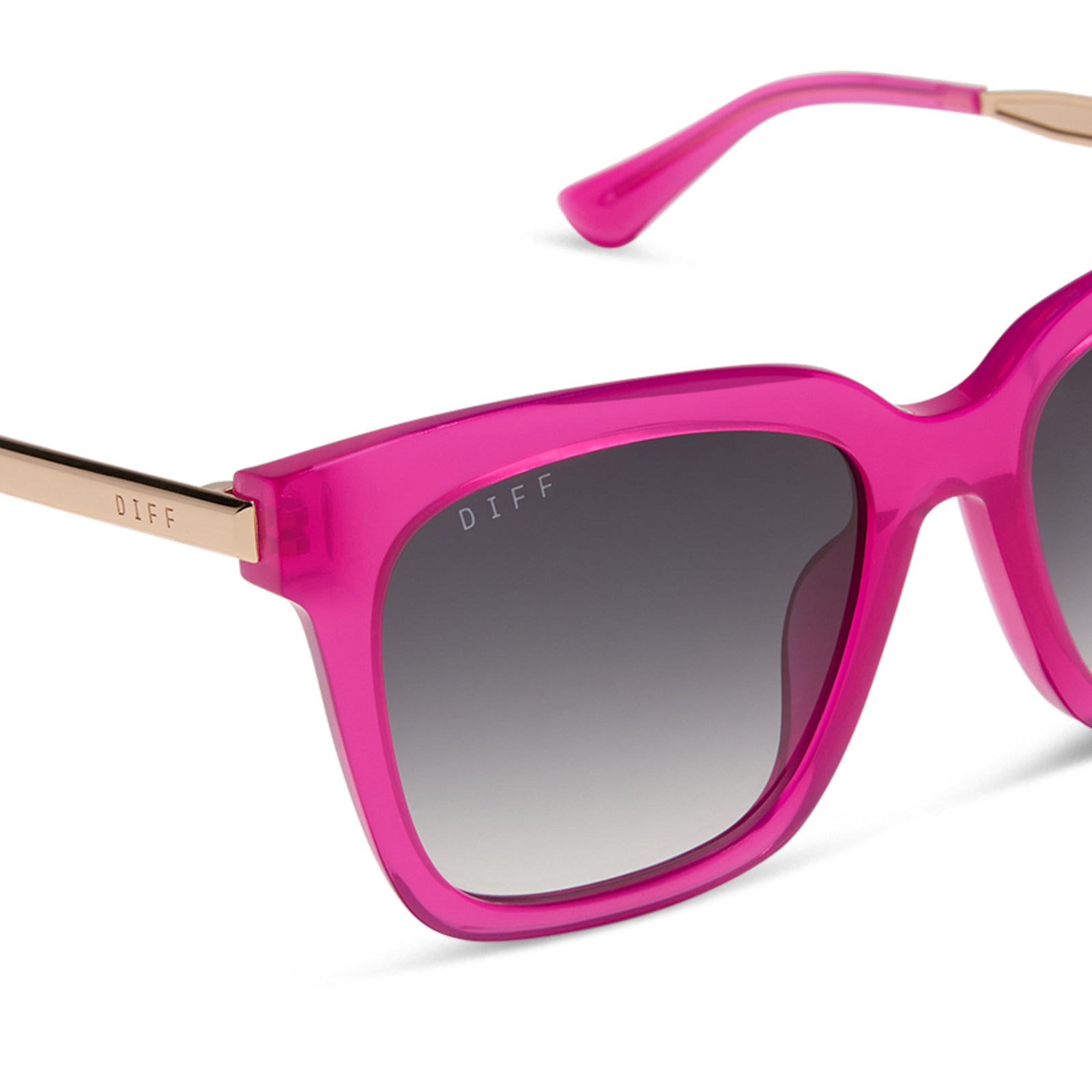 diff eyewear featuring the bella square sunglasses with a bright tulip with gold frame and grey gradient lenses detailed view