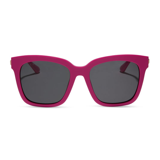 diff eyewear featuring the bella square sunglasses with a bright pink frame and grey lenses front view