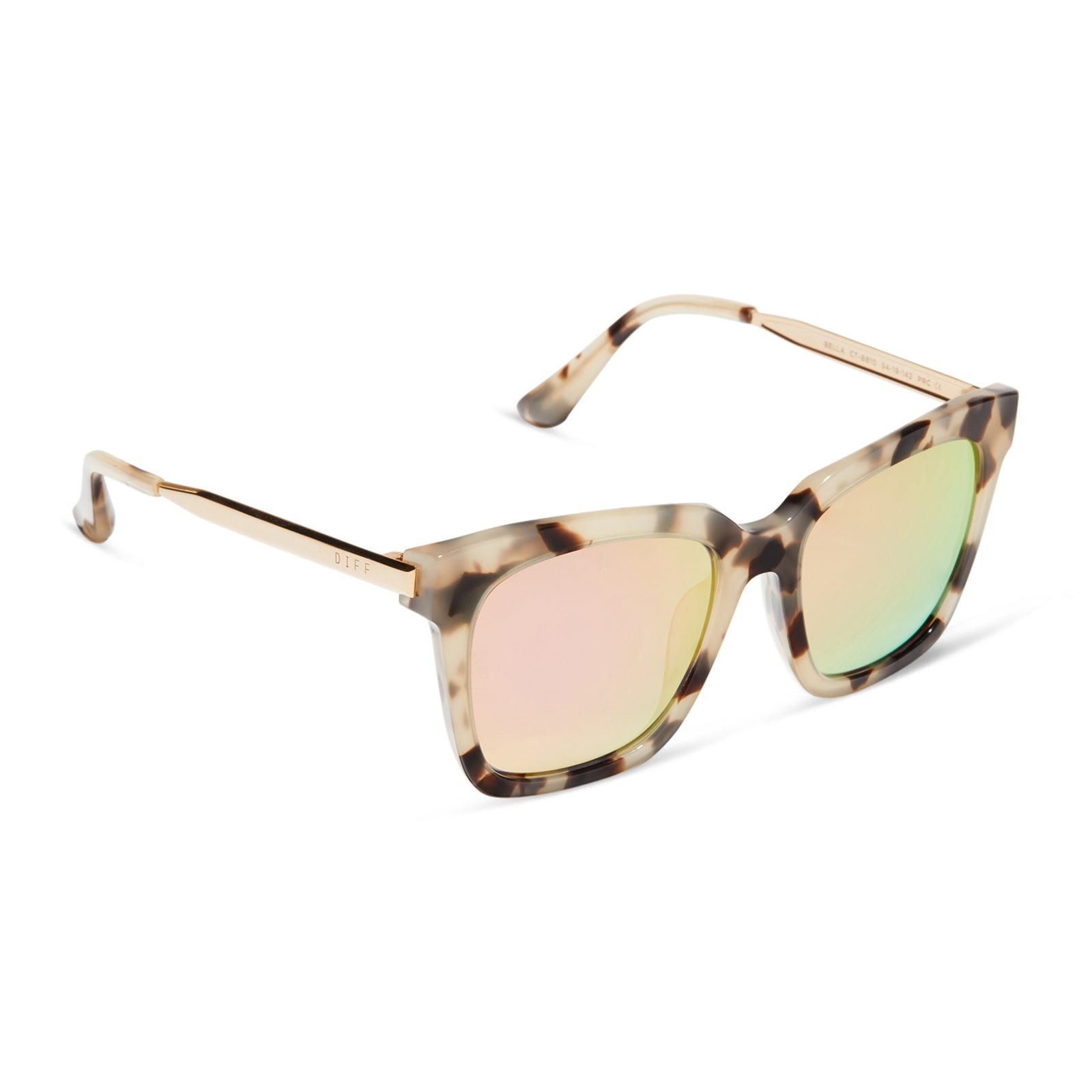 diff eyewear bella square sunglasses with a cream tortoise acetate frame and pink mirror lenses angled view