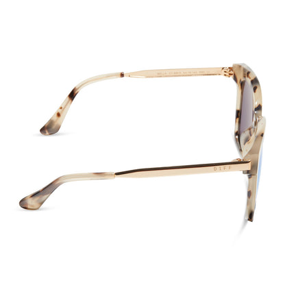 diff eyewear bella square sunglasses with a cream tortoise acetate frame and pink mirror lenses side view