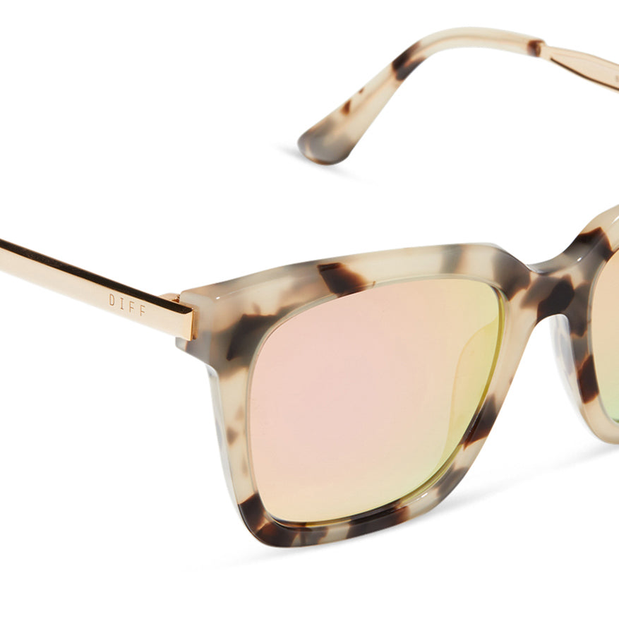 diff eyewear bella square sunglasses with a cream tortoise acetate frame and pink mirror lenses detailed view