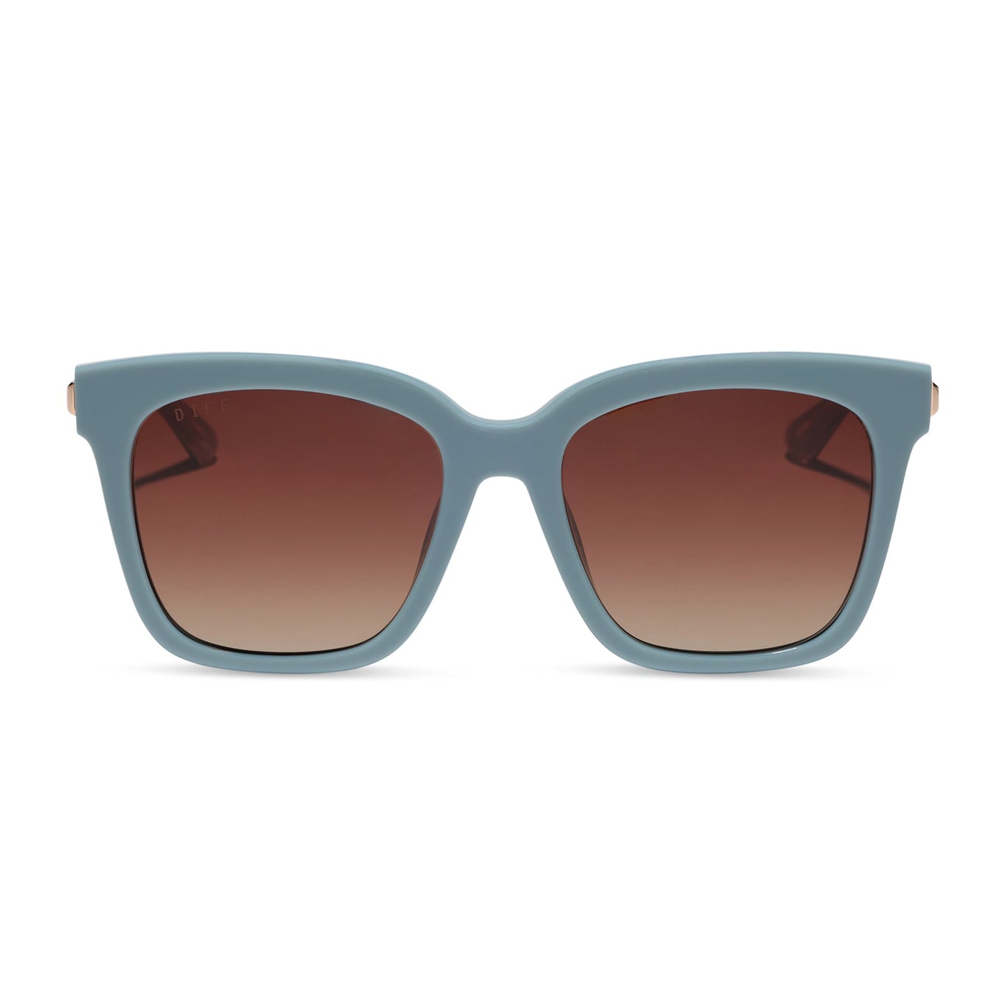 diff eyewear bella square oversized sunglasses with a dew drop blue frame, gold temples and brown gradient lenses front view