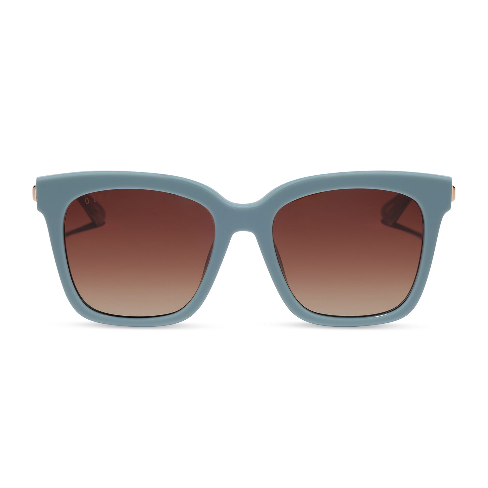 diff eyewear bella square oversized sunglasses with a dew drop blue frame, gold temples and brown gradient lenses front view