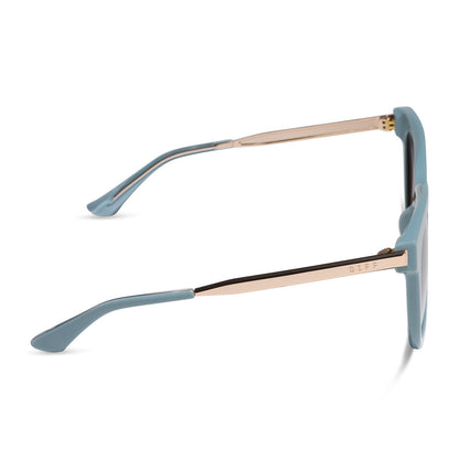 diff eyewear bella square oversized sunglasses with a dew drop blue frame, gold temples and brown gradient lenses side view