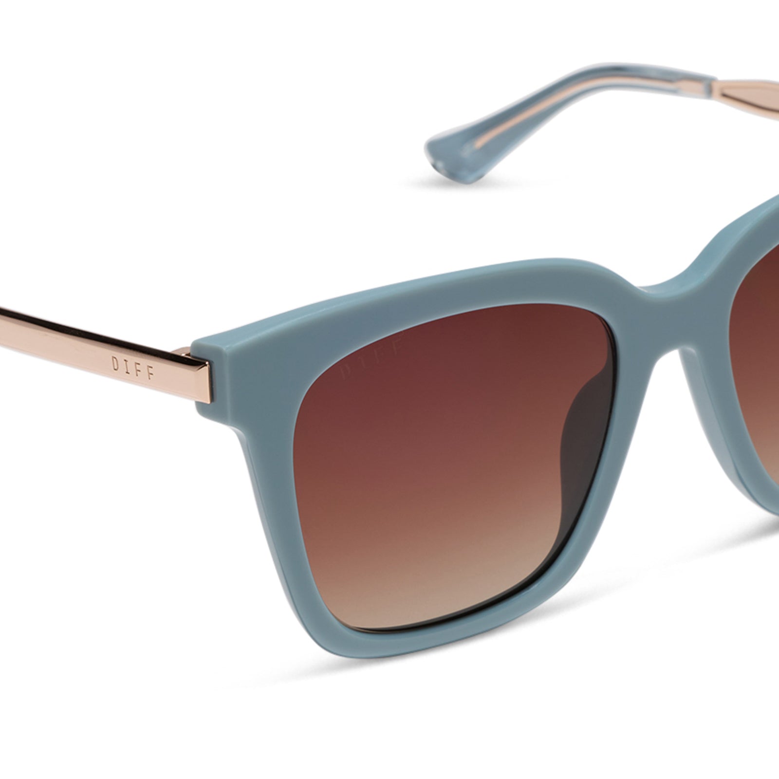 diff eyewear bella square oversized sunglasses with a dew drop blue frame, gold temples and brown gradient lenses detailed view