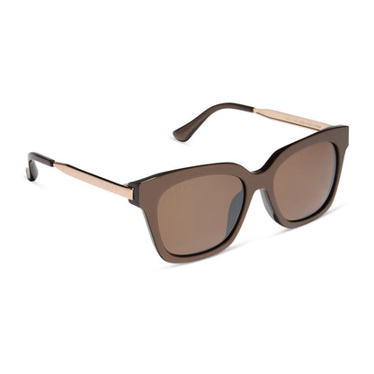 diff eyewear featuring the bella square sunglasses with a moscow mule brown opalescent frame and brown w/ gold flash lenses angled view