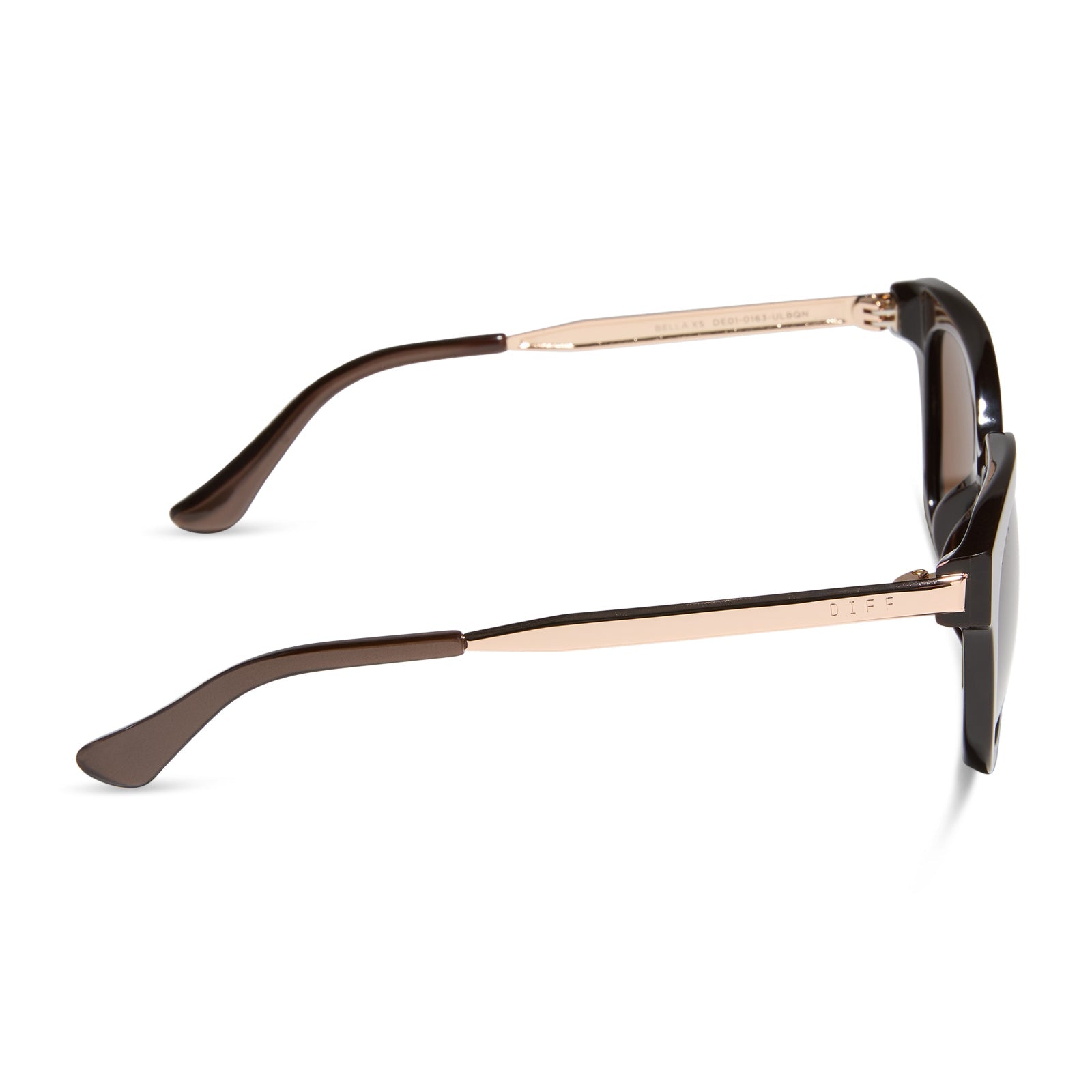 diff eyewear featuring the bella square sunglasses with a moscow mule brown opalescent frame and brown w/ gold flash lenses side view