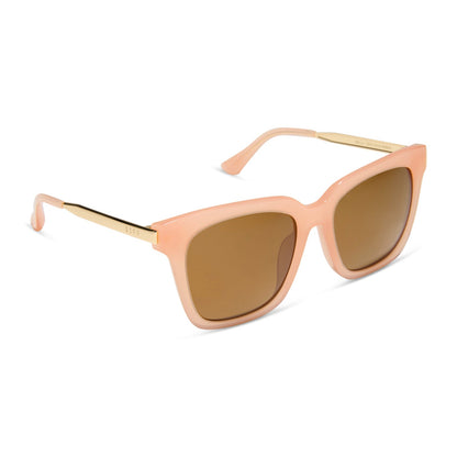 diff eyewear featuring the bella square sunglasses with a peach frame and brown polarized lenses angled view