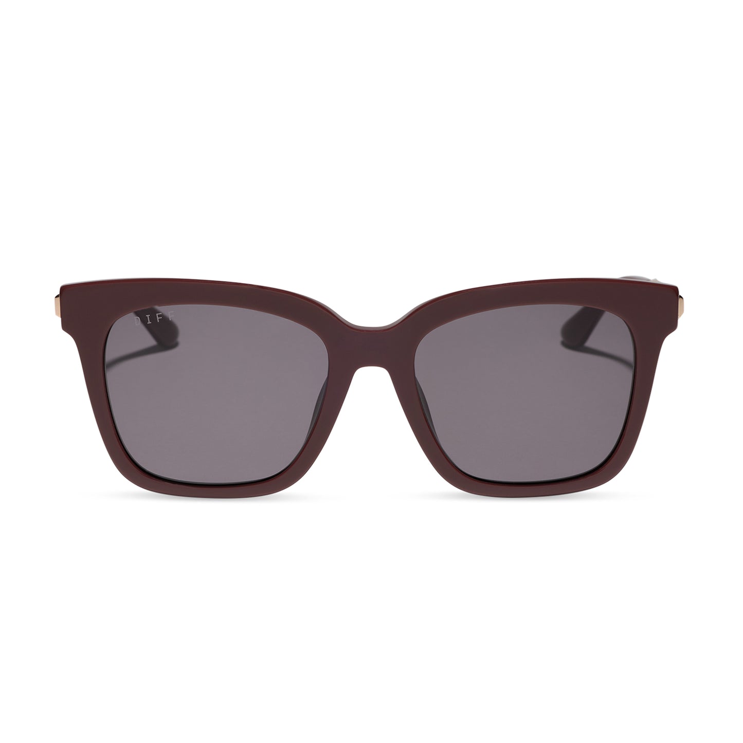 diff eyewear bella square sunglasses with a rugby red acetate frame and grey polarized lenses front view