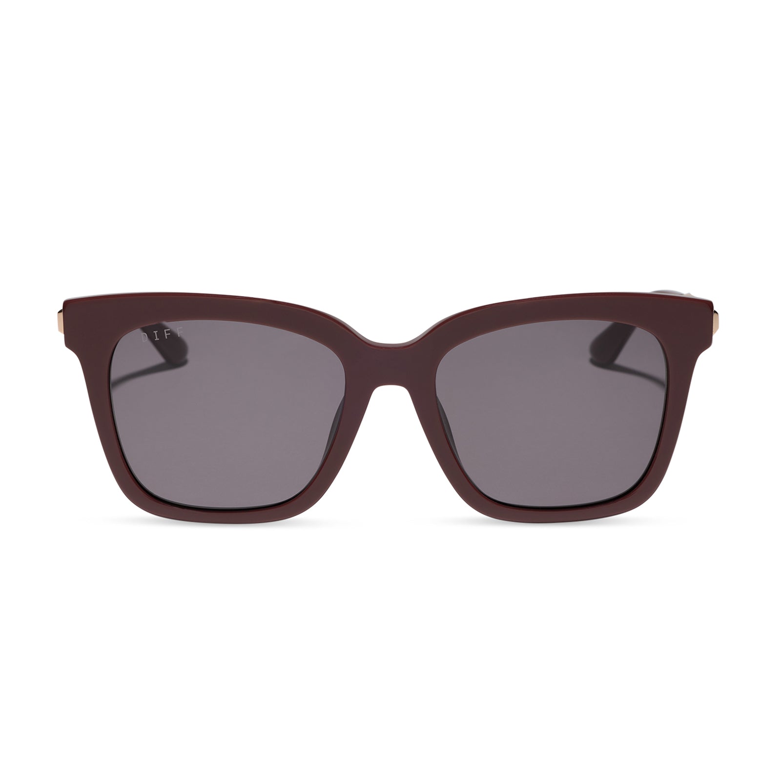 diff eyewear bella square sunglasses with a rugby red acetate frame and grey polarized lenses front view