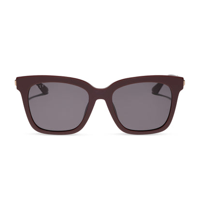 diff eyewear bella square sunglasses with a rugby red acetate frame and grey polarized lenses front view