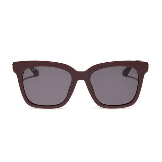 diff eyewear bella square sunglasses with a rugby red acetate frame and grey polarized lenses front view