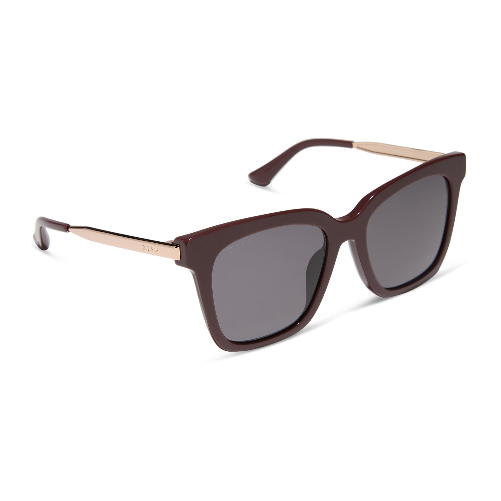 diff eyewear bella square sunglasses with a rugby red acetate frame and grey polarized lenses angled view