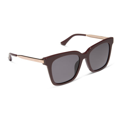 diff eyewear bella square sunglasses with a rugby red acetate frame and grey polarized lenses angled view