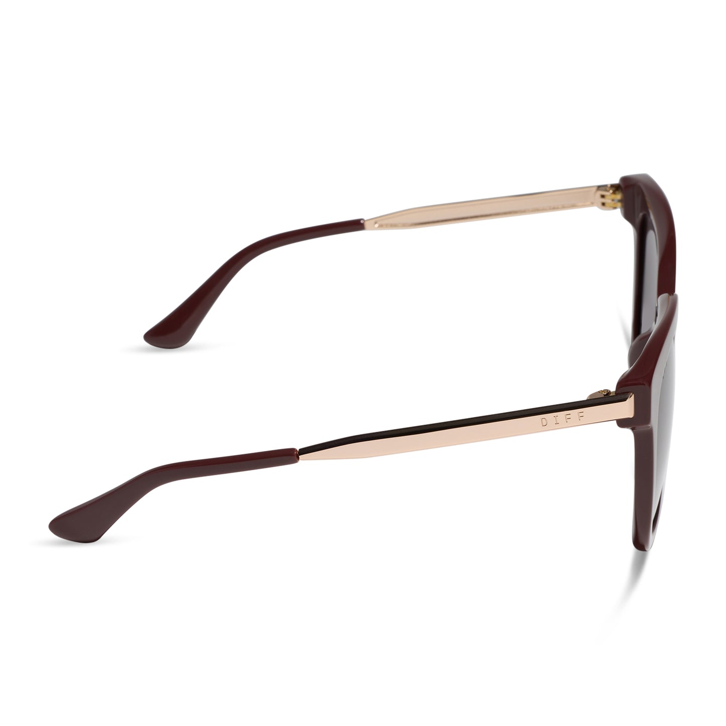 diff eyewear bella square sunglasses with a rugby red acetate frame and grey polarized lenses side view