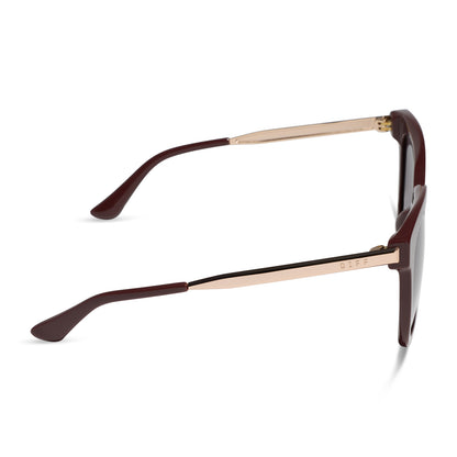 diff eyewear bella square sunglasses with a rugby red acetate frame and grey polarized lenses side view