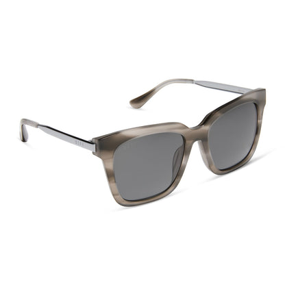 diff eyewear featuring the bella square sunglasses with a smoke marble frame and grey polarized lenses angled view