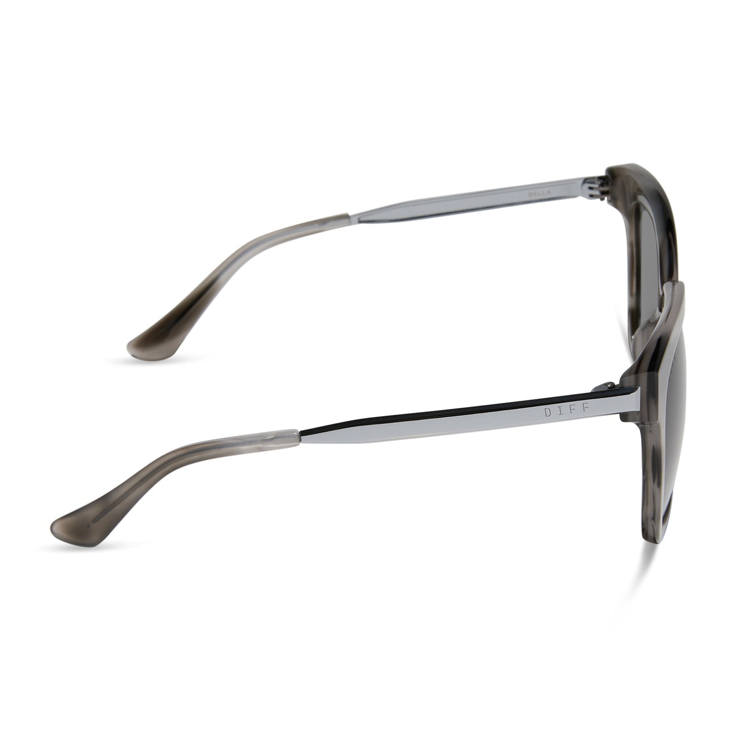 diff eyewear featuring the bella square sunglasses with a smoke marble frame and grey polarized lenses side view