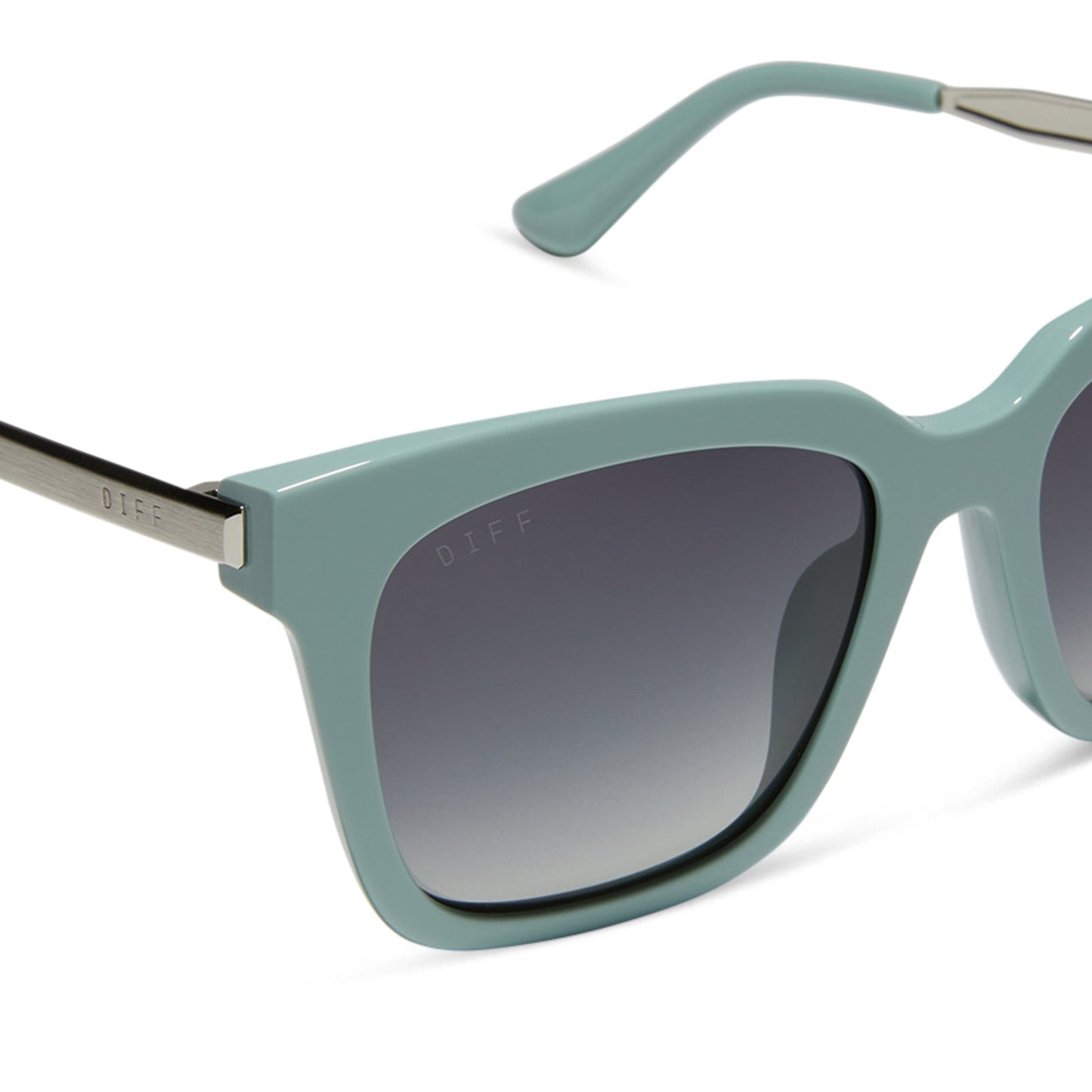 diff eyewear featuring the bella square sunglasses with a steel teal frame and grey gradient lenses detailed view