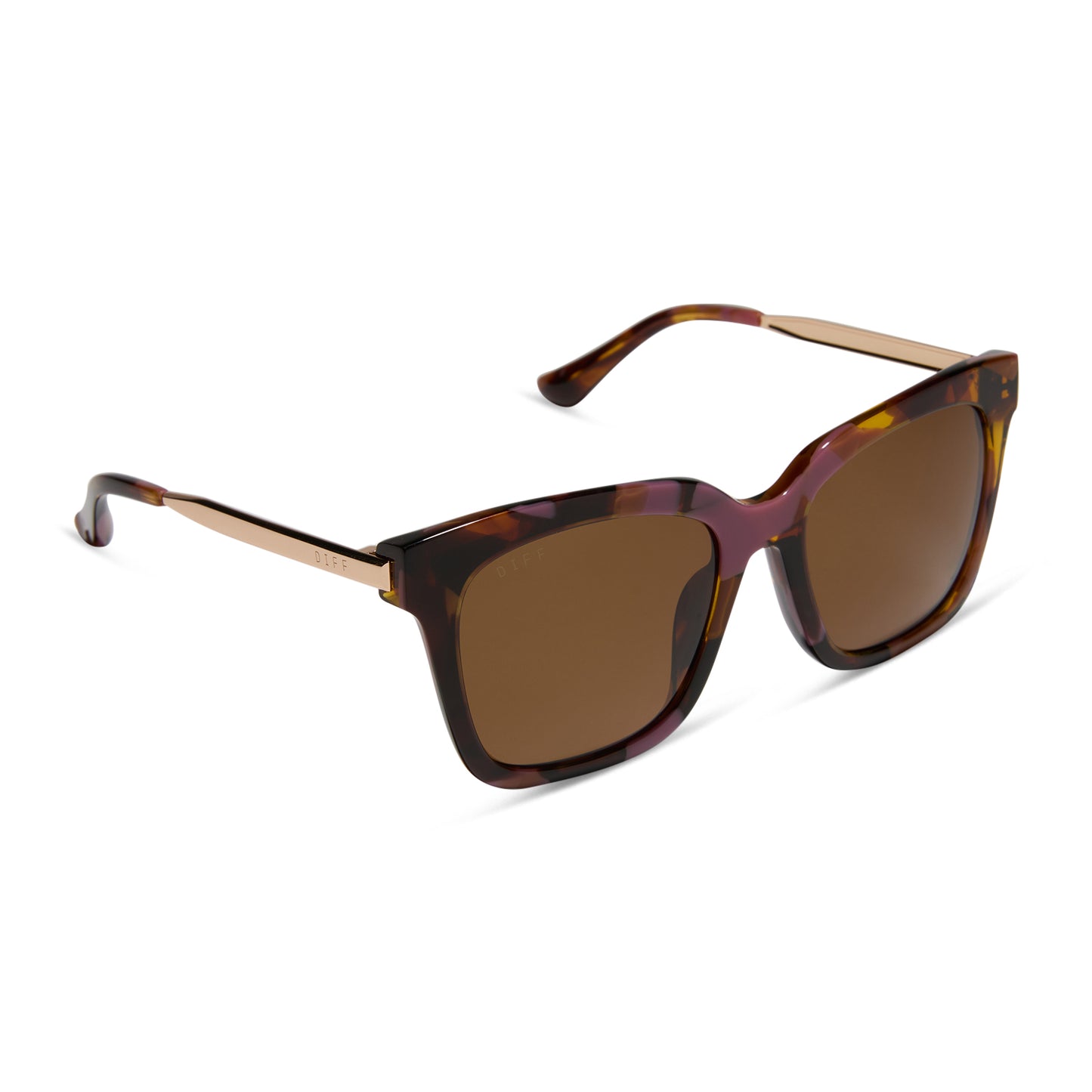 diff eyewear featuring the bella square sunglasses with a torino tortoise frame and brown polarized lenses angled view