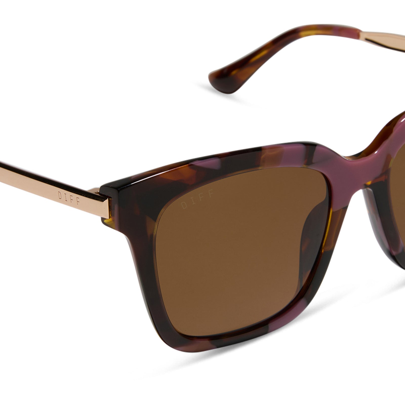 diff eyewear featuring the bella square sunglasses with a torino tortoise frame and brown polarized lenses detailed view