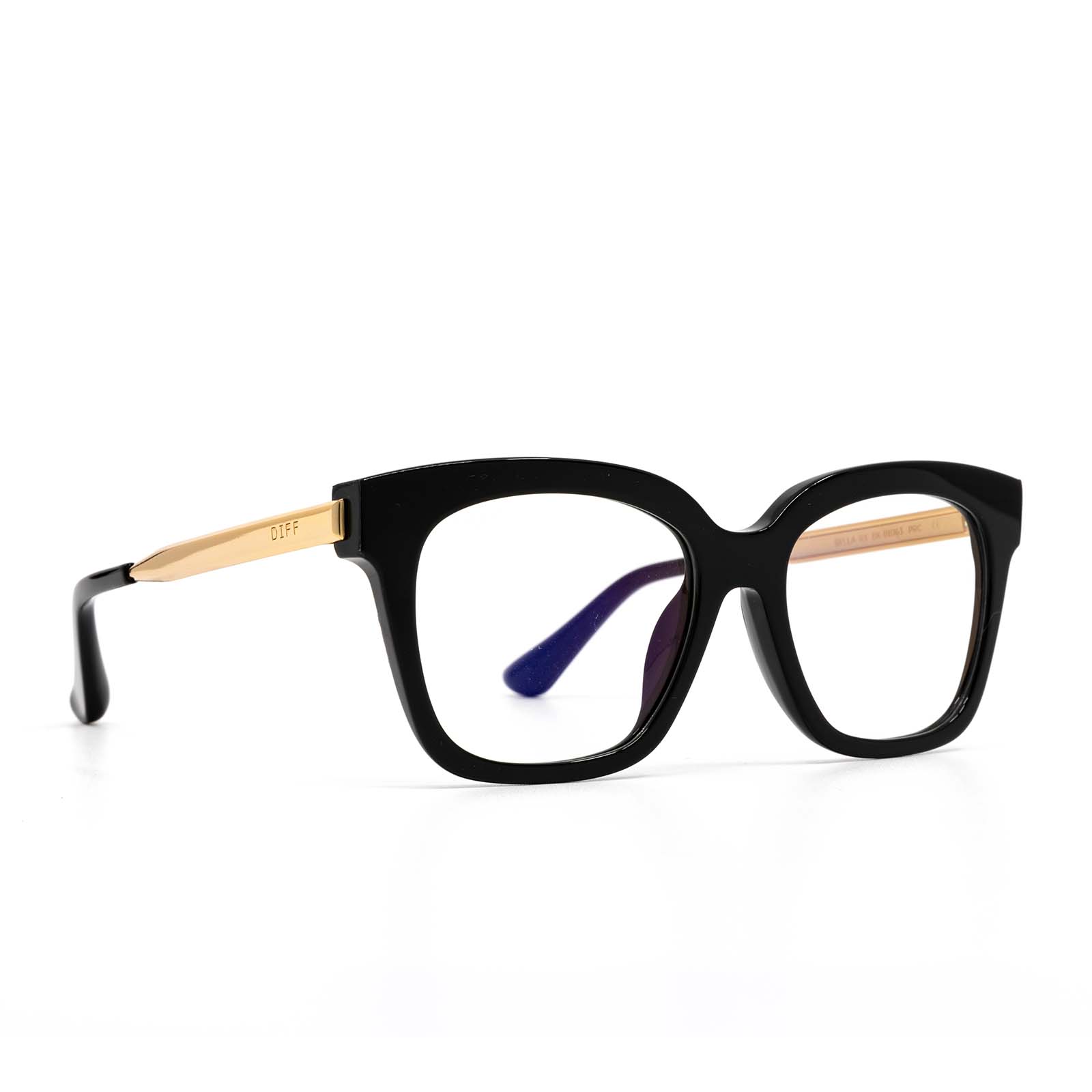 diff eyewear bella xs square glasses with a black acetate frame and prescription lenses angled view