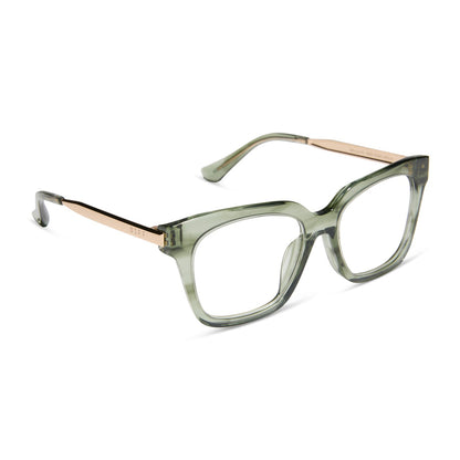 diff eyewear featuring the bella xs square prescription glasses with a cool matcha green frame angled view