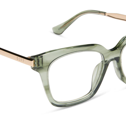 diff eyewear featuring the bella xs square prescription glasses with a cool matcha green frame detailed view