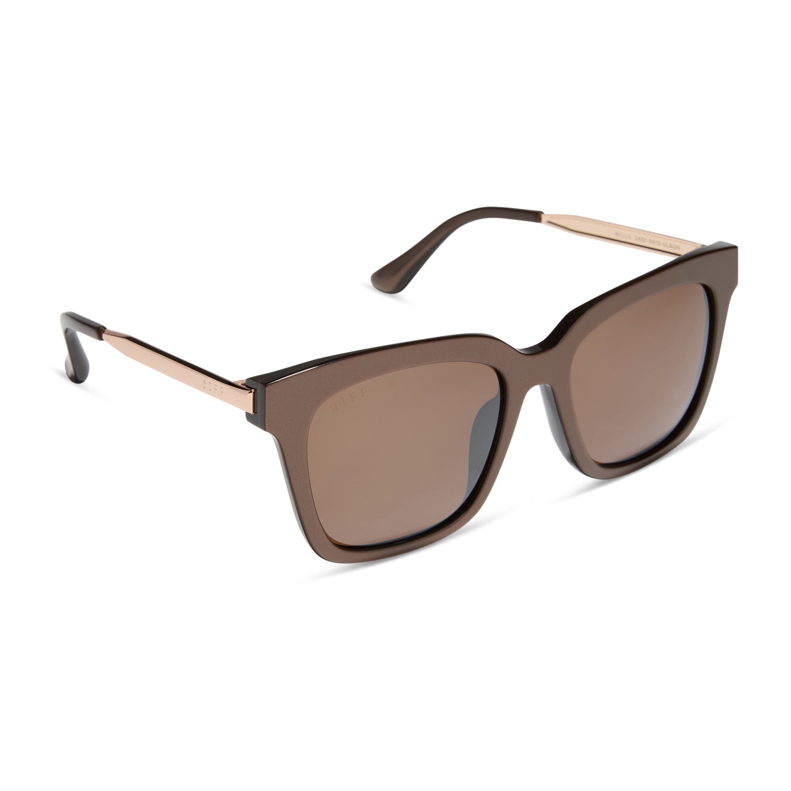 diff eyewear featuring the bella xs square sunglasses with a moscow mule brown opalescent frame and brown w/ gold flash lenses angled view