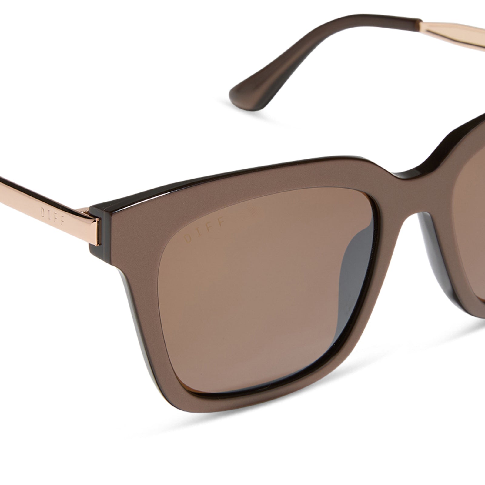 diff eyewear featuring the bella xs square sunglasses with a moscow mule brown opalescent frame and brown w/ gold flash lenses detailed view