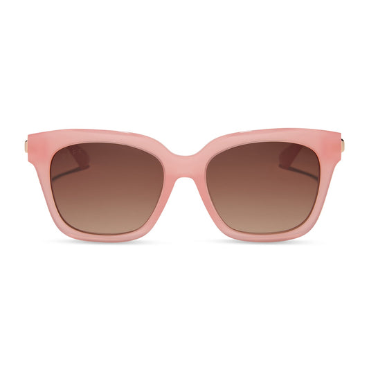 diff eyewear featuring the bella xs square sunglasses with a peach frame and brown polarized lenses front view