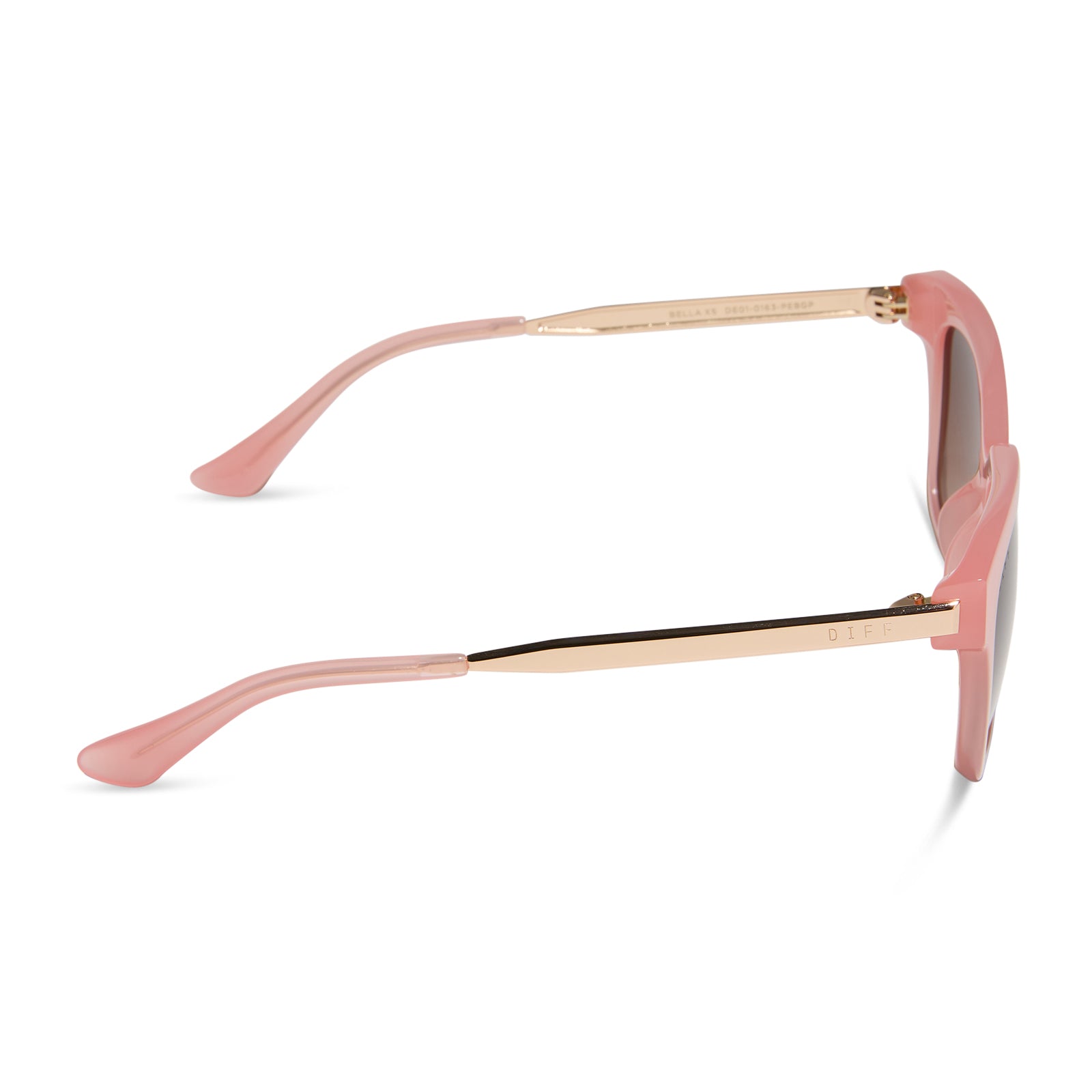 diff eyewear featuring the bella xs square sunglasses with a peach frame and brown polarized lenses side view