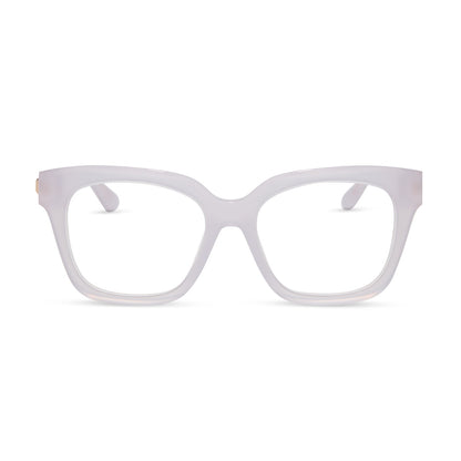diff eyewear featuring the bella xs square prescription glasses with a thistle frame and gold temples front view