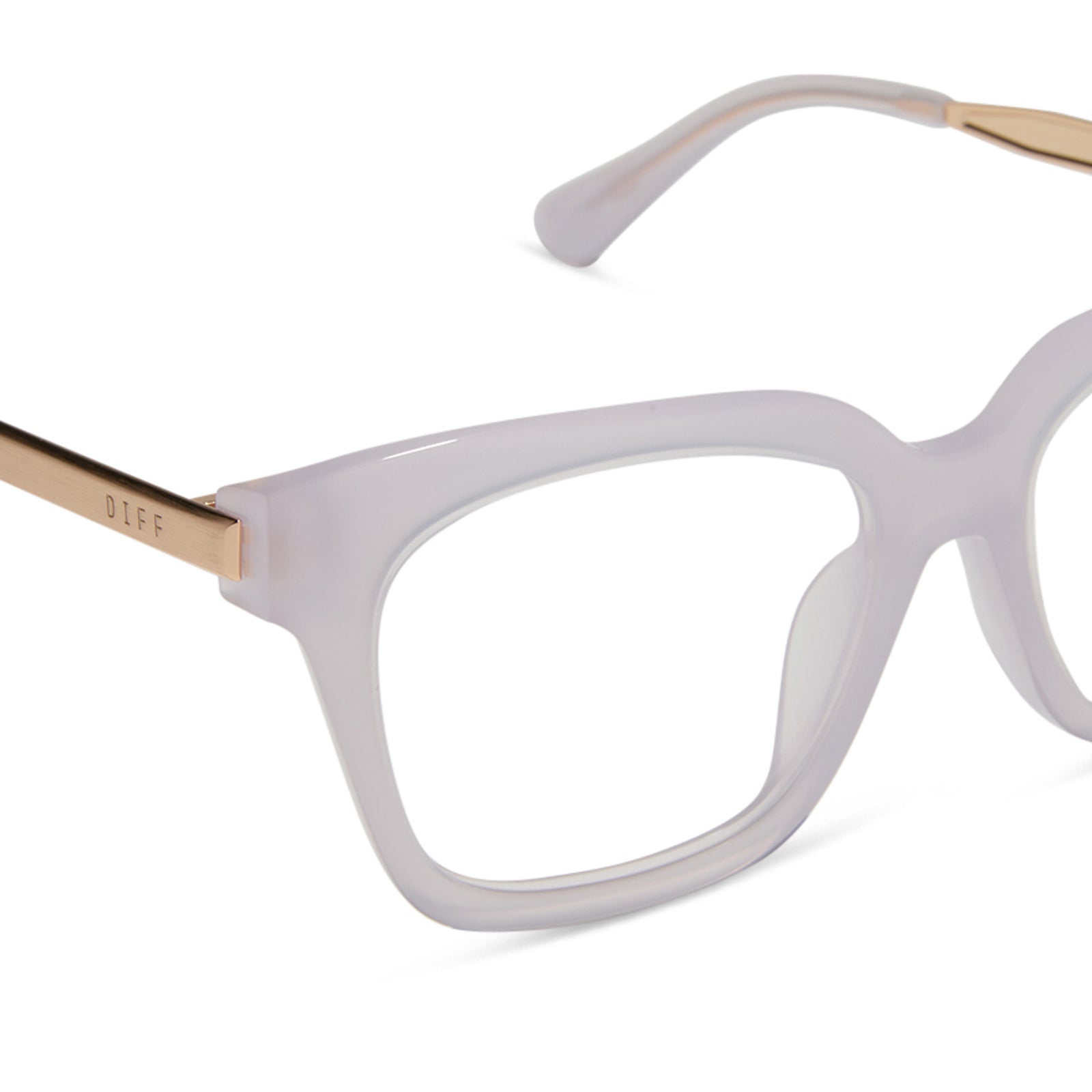 diff eyewear featuring the bella xs square prescription glasses with a thistle frame and gold temples detailed view