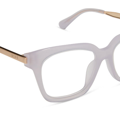 diff eyewear featuring the bella xs square prescription glasses with a thistle frame and gold temples detailed view