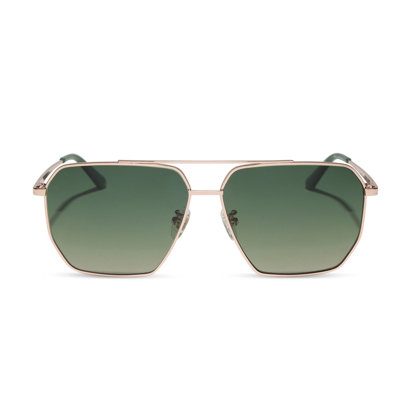 diff eyewear featuring the berkely navigator sunglasses with a champagne gold (light gold) metal frame and aloe green gradient polarized lenses front view