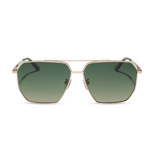 diff eyewear featuring the berkely navigator sunglasses with a champagne gold (light gold) metal frame and aloe green gradient polarized lenses front view