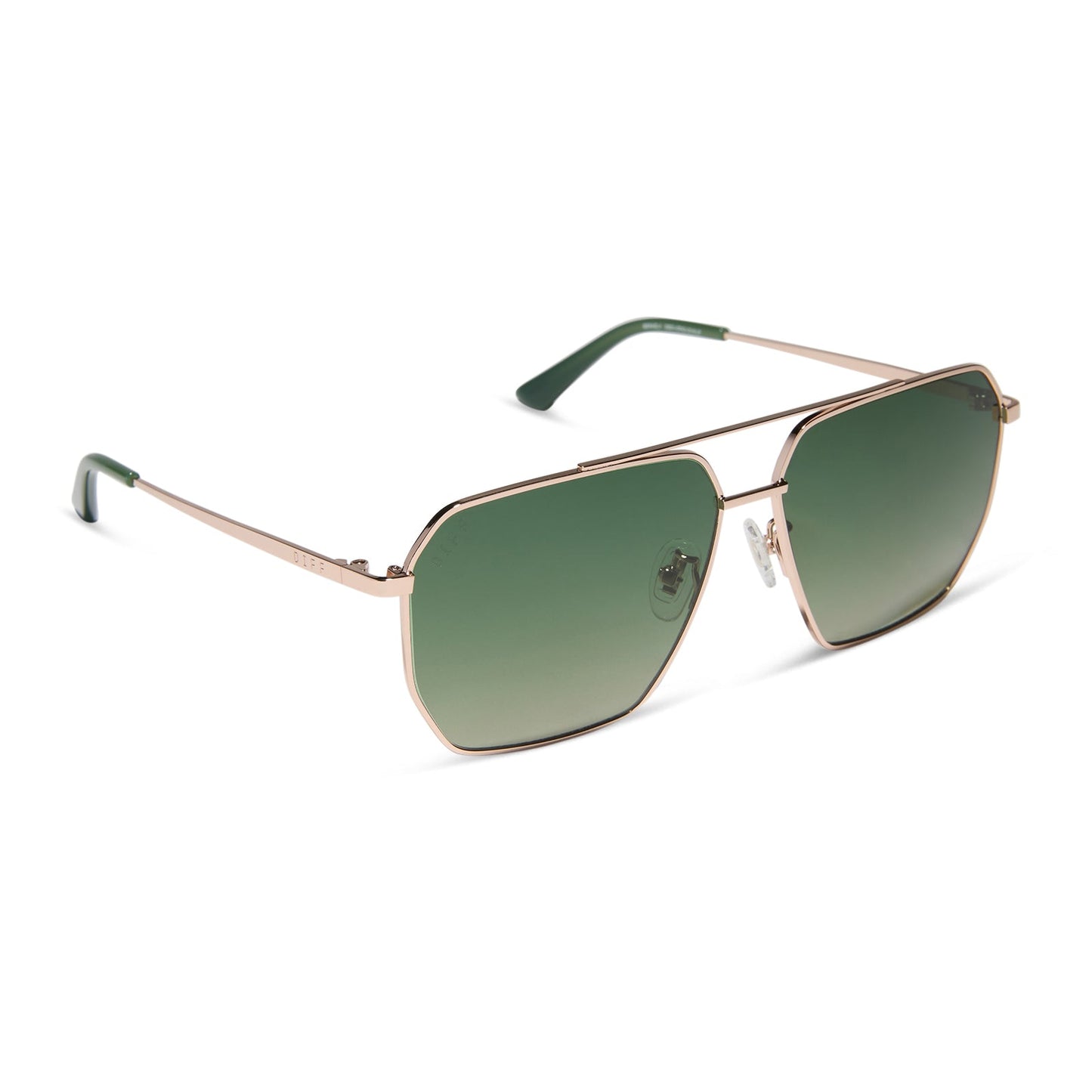 diff eyewear featuring the berkely navigator sunglasses with a champagne gold (light gold) metal frame and aloe green gradient polarized lenses angled view