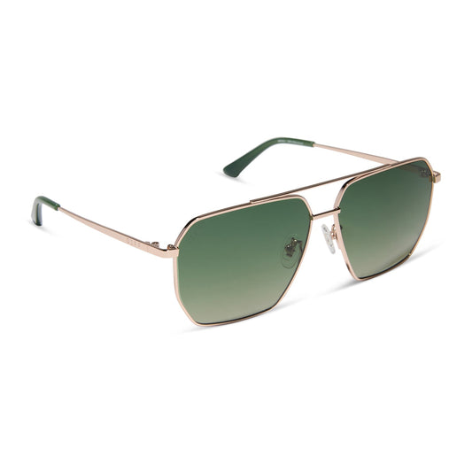 diff eyewear featuring the berkely navigator sunglasses with a champagne gold (light gold) metal frame and aloe green gradient polarized lenses angled view