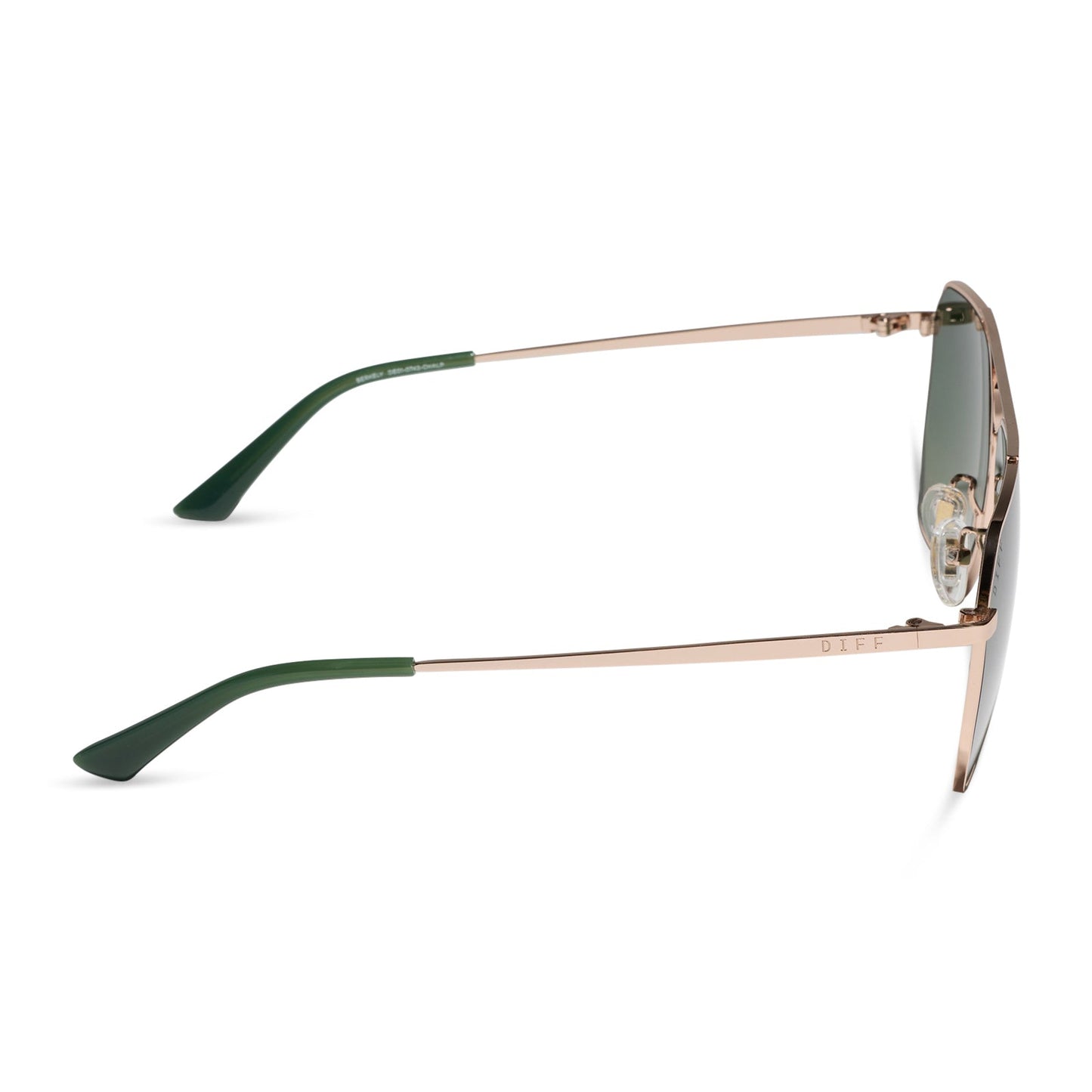 diff eyewear featuring the berkely navigator sunglasses with a champagne gold (light gold) metal frame and aloe green gradient polarized lenses side view