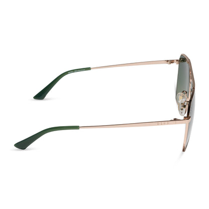 diff eyewear featuring the berkely navigator sunglasses with a champagne gold (light gold) metal frame and aloe green gradient polarized lenses side view