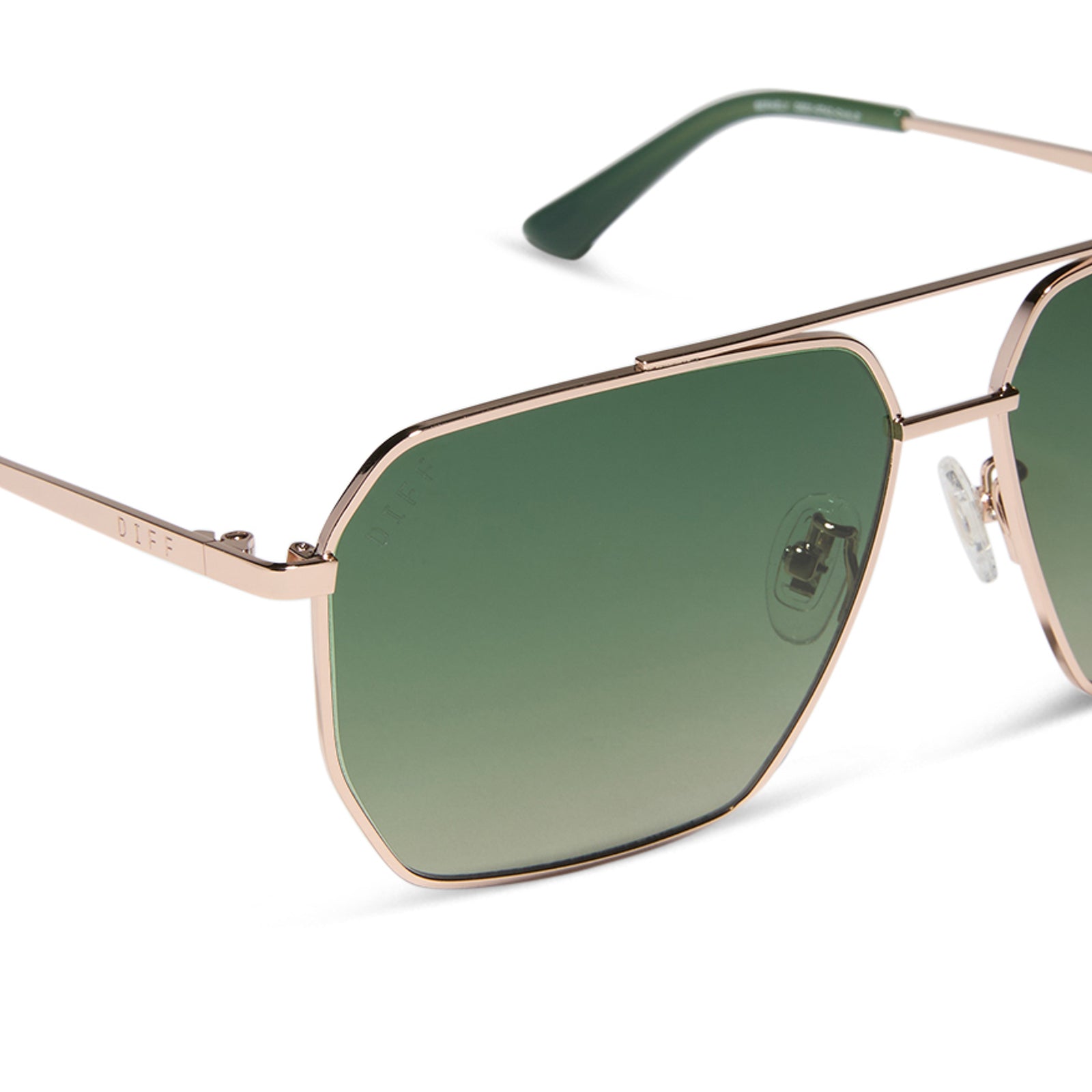 diff eyewear featuring the berkely navigator sunglasses with a champagne gold (light gold) metal frame and aloe green gradient polarized lenses detailed view