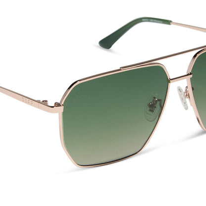 diff eyewear featuring the berkely navigator sunglasses with a champagne gold (light gold) metal frame and aloe green gradient polarized lenses detailed view