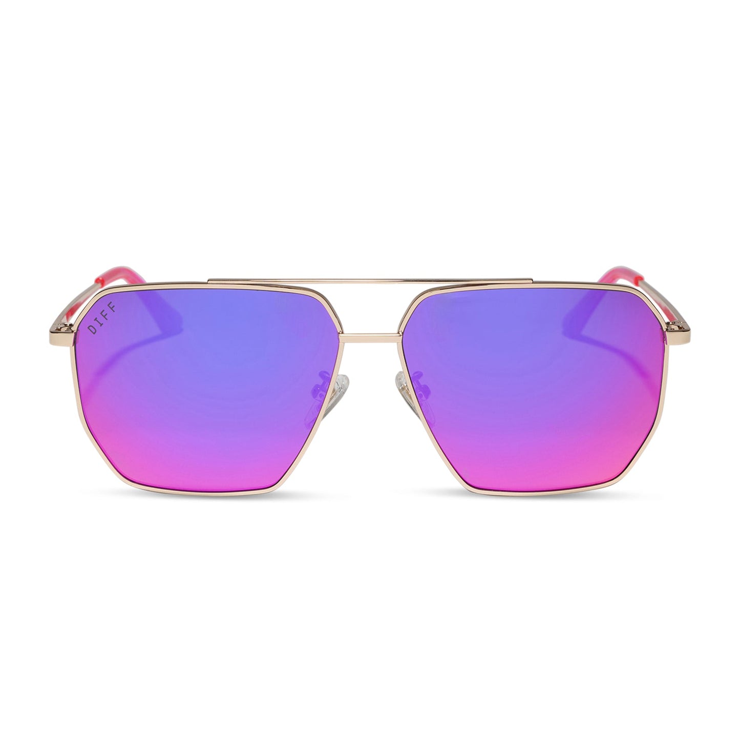 diff eyewear featuring the berkely navigator sunglasses with a gold frame and pink rush mirror lenses front view