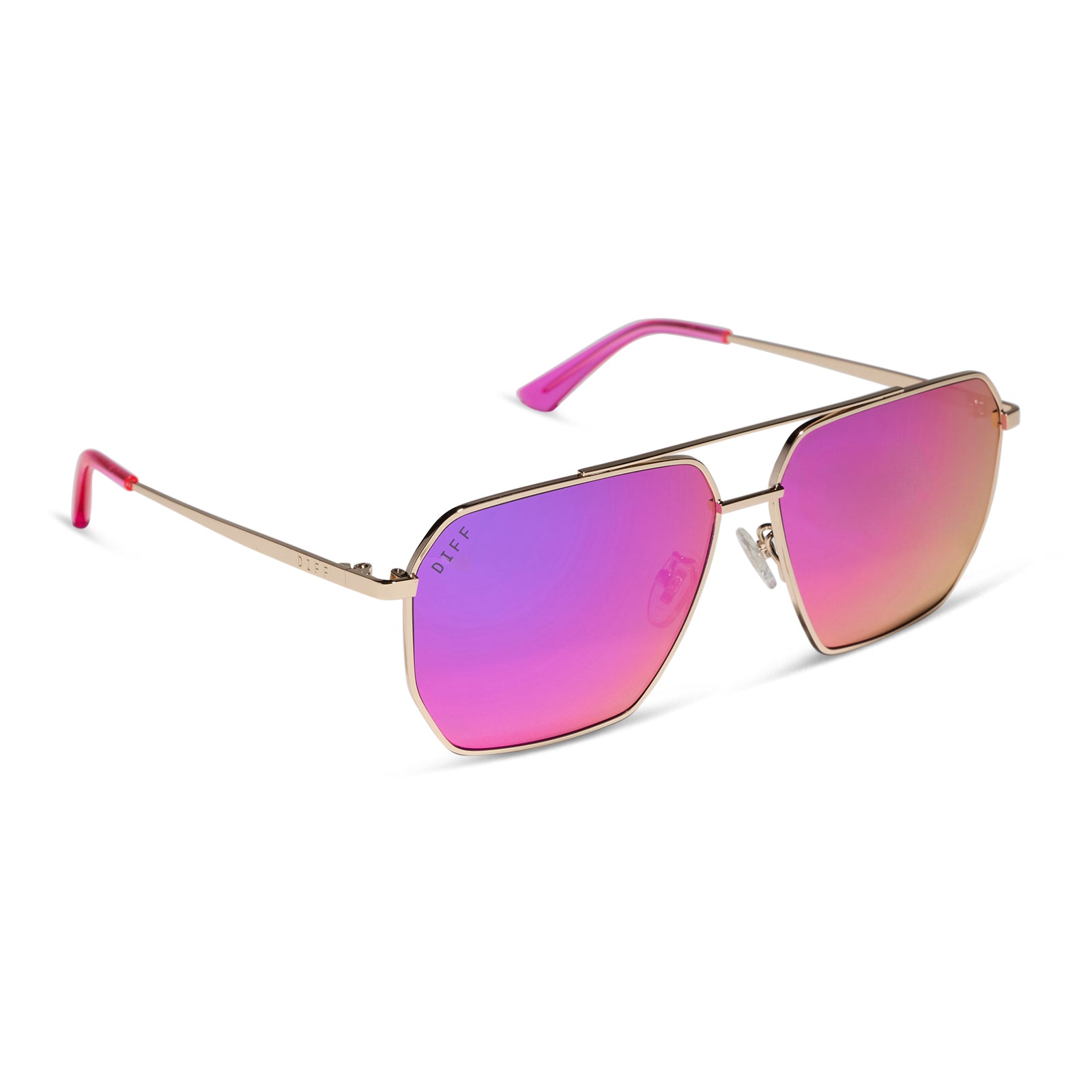 diff eyewear featuring the berkely navigator sunglasses with a gold frame and pink rush mirror lenses angled view