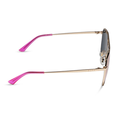 diff eyewear featuring the berkely navigator sunglasses with a gold frame and pink rush mirror lenses side view