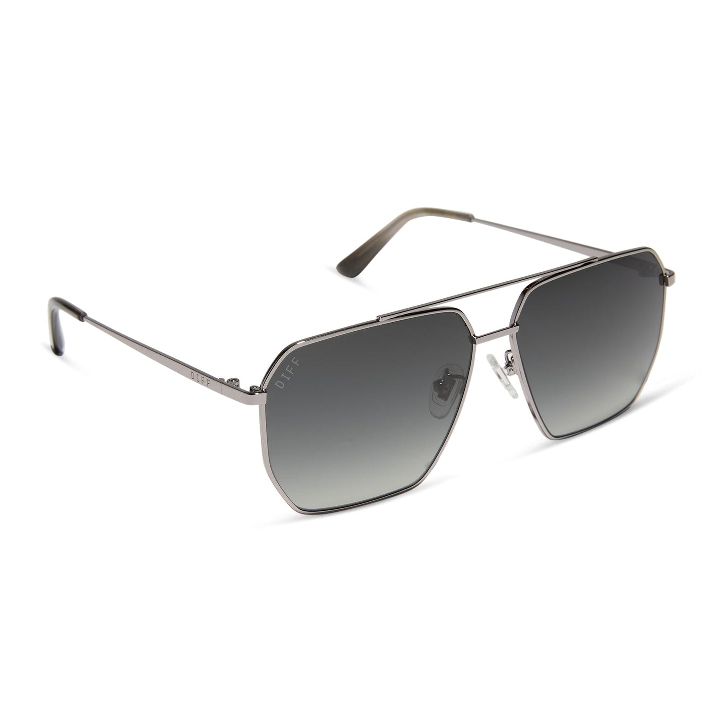diff eyewear featuring the berkely navigator sunglasses with a gunmetal frame and grey gradient polarized lenses angled view