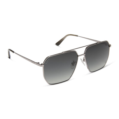 diff eyewear featuring the berkely navigator sunglasses with a gunmetal frame and grey gradient polarized lenses angled view