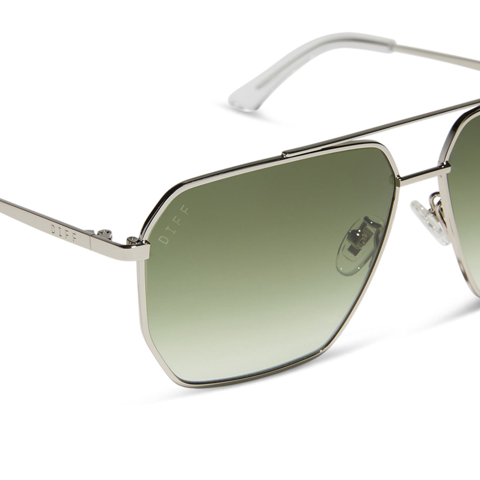 diff eyewear featuring the berkely navigator sunglasses with a silver frame and cool matcha gradient lenses detailed view